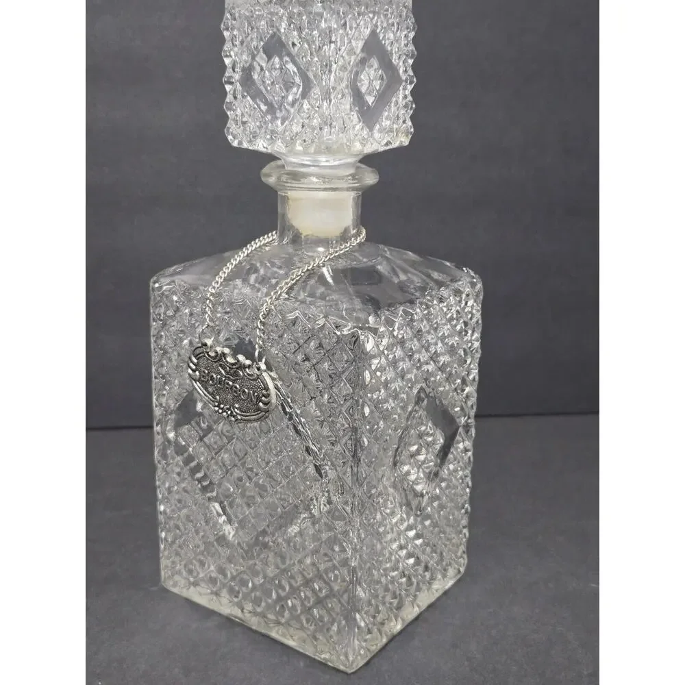 Vintage Diamond Pressed~Glass Bar Decanter~Bourbon/Gin Reversable Metal Hang Tag